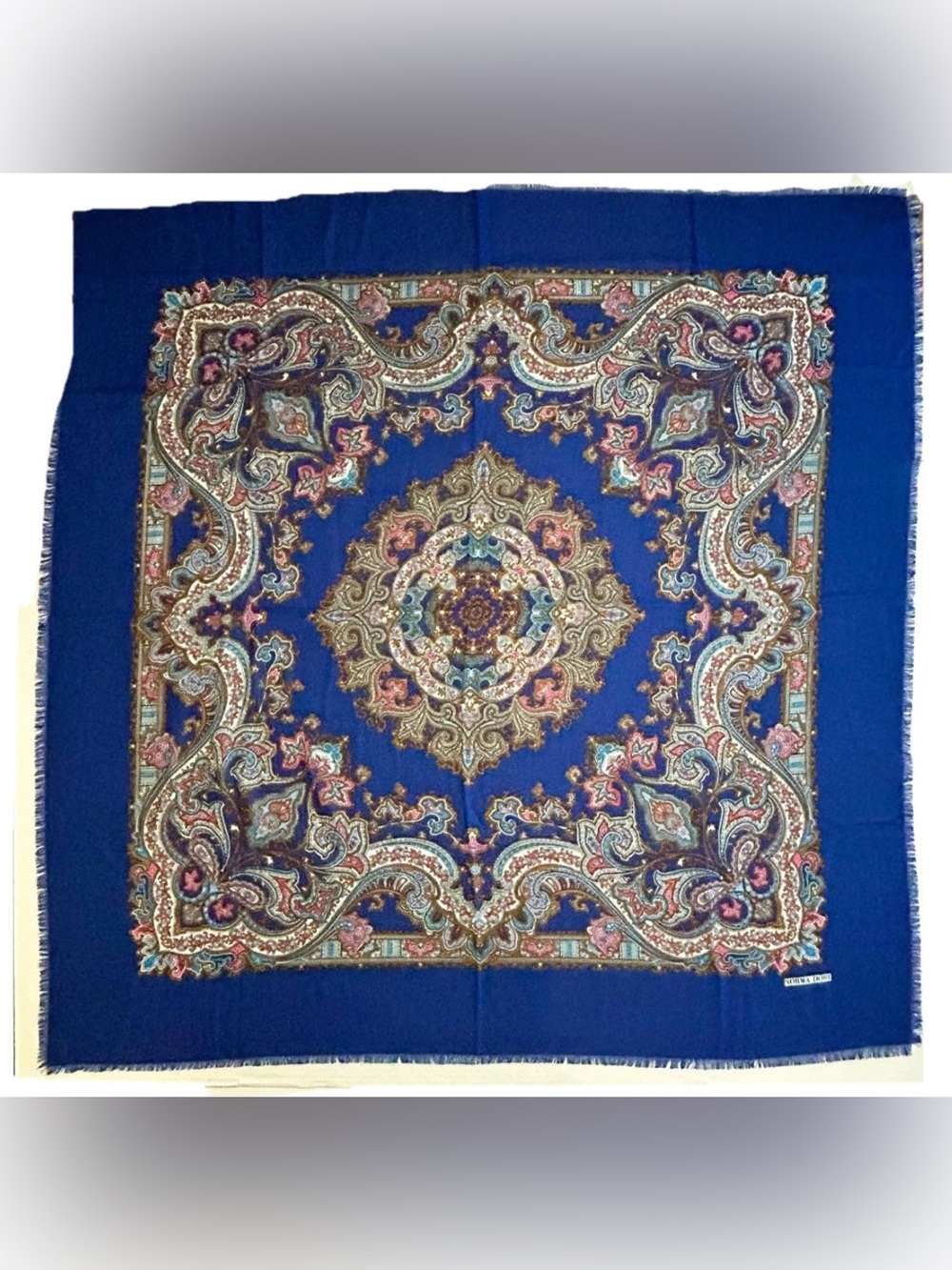 Vintage Norma Dori Elegant Blue & Pink White Brown Paisley Scarf 46" Fray Fringe